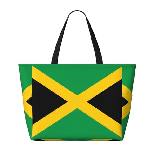 Strand-Reisetasche mit Flagge von Jamaika, geräumig, große Kapazität, faltbare Strandtasche, Tragetasche mit Reißverschluss, Schwarz, Einheitsgröße von Trukd