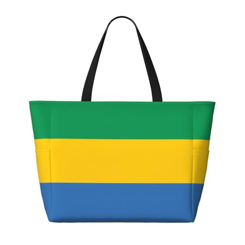 Strand-Reisetasche mit Gabun-Flagge, faltbar, geräumig, große Kapazität, Strandtasche, Tragetasche mit Reißverschluss, Schwarz, Einheitsgröße, Schwarz, One Size von Trukd