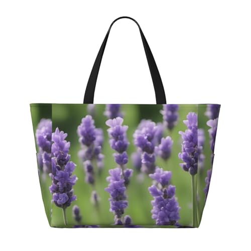 Strand-Reisetasche mit Lavendelblumen, faltbar, geräumig, große Kapazität, Strandtasche mit Reißverschluss, Schwarz, Einheitsgröße von Trukd