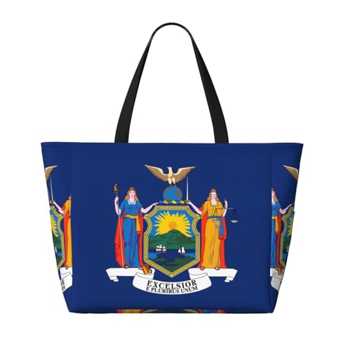 Strand-Reisetasche mit New York-Flagge, faltbar, geräumig, große Kapazität, Strandtasche mit Reißverschluss, Schwarz, Einheitsgröße von Trukd