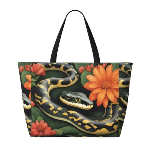 Strand-Reisetasche mit Schlangen- und Blumenmotiv, faltbar, geräumig, große Kapazität, Strandtasche mit Reißverschluss, Schwarz, Einheitsgröße von Trukd