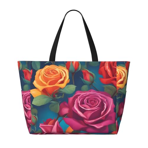 Strand-Reisetasche mit bunten Rosen – faltbar, geräumig, große Kapazität, Strandtasche mit Reißverschluss, Schwarz, Einheitsgröße von Trukd