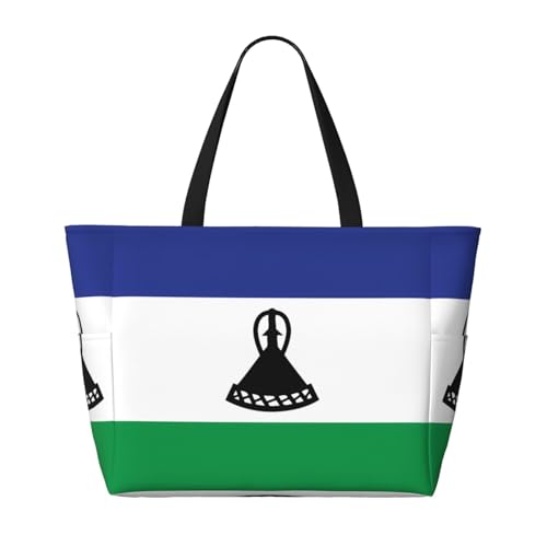 Strand-Reisetasche mit großer Kapazität, Motiv: Flagge von Lesotho, faltbare Strandtasche mit Reißverschluss, Schwarz, Einheitsgröße von Trukd