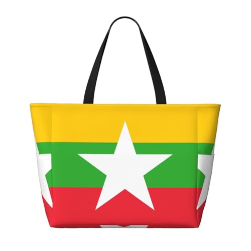 Strand-Reisetasche mit großer Kapazität, Motiv: Flagge von Myanmar, faltbare Strandtasche mit Reißverschluss, Schwarz, Einheitsgröße von Trukd