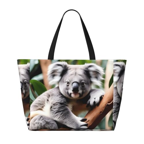 Süße Koala-Strand-Reisetasche, faltbar, geräumig, große Kapazität, Strandtasche, Tragetasche mit Reißverschluss, Schwarz, Einheitsgröße, Schwarz, One Size von Trukd