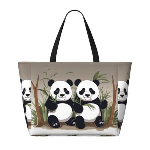 Süße Pandas Strand-Reisetasche, faltbar, geräumig, große Kapazität, Strandtasche mit Reißverschluss, Schwarz, Einheitsgröße von Trukd