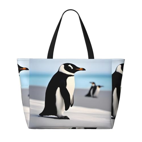 Süße Pinguin-Strand-Reisetasche, faltbar, geräumig, große Kapazität, Strandtasche mit Reißverschluss, Schwarz, Einheitsgröße von Trukd