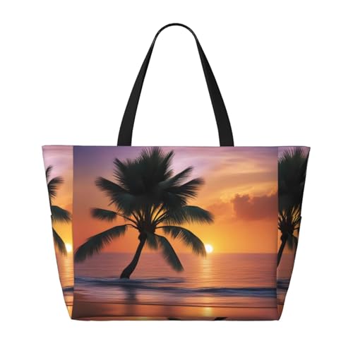 Sunset Palm Tree_ Strand-Reisetasche, faltbar, geräumig, große Kapazität, Strandtasche, Tragetasche mit Reißverschluss, Schwarz, Einheitsgröße, Schwarz, One Size von Trukd