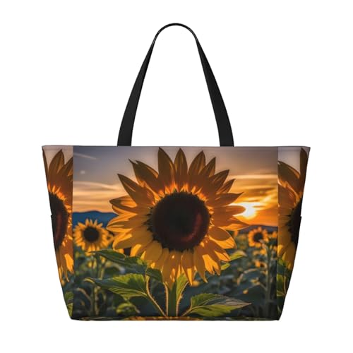 Sunset Sunset Sunflower Beach Reisetasche – Faltbare, geräumige Strandtasche mit großem Fassungsvermögen und Reißverschluss, Schwarz, Einheitsgröße von Trukd