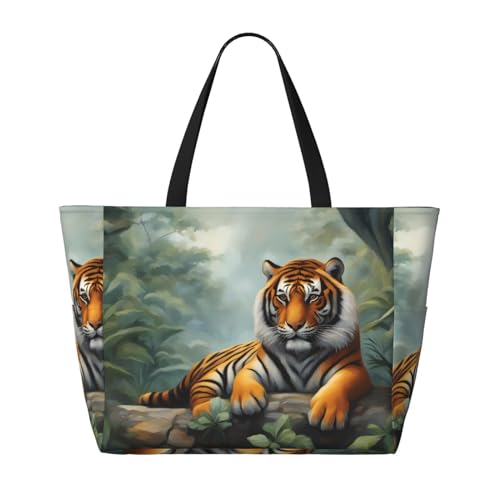 Tiger Strand-Reisetasche, faltbar, geräumig, große Kapazität, Strandtasche, Tragetasche mit Reißverschluss, Schwarz, Einheitsgröße von Trukd