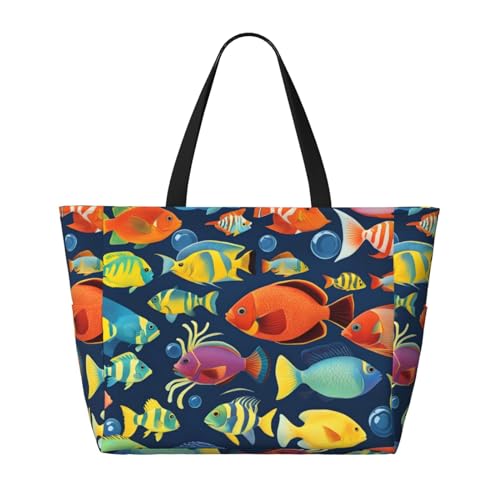 Tropische Fisch-Strand-Reisetasche, faltbar, geräumig, große Kapazität, Strandtasche, Tragetasche mit Reißverschluss, Schwarz, Einheitsgröße, Schwarz, One Size von Trukd