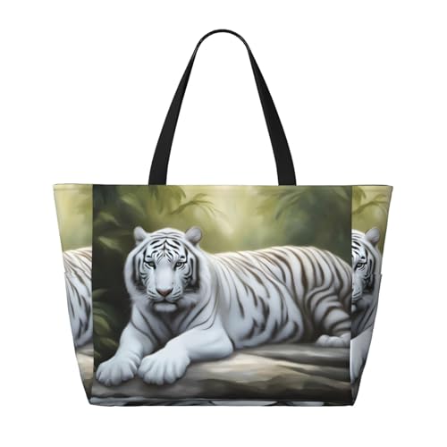 White Tiger Strand-Reisetasche, faltbar, geräumig, große Kapazität, Strandtasche mit Reißverschluss, Schwarz, Einheitsgröße von Trukd