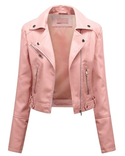 TrusMe Damen Kunstlederjacke Reißverschluss Motorrad Motorrad Motorrad Biker Kurzmantel,Rosa,M von TrusMe