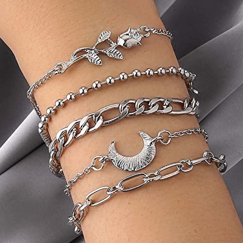 TseenYi Boho Geschichtetes Armband Set Silber Kette Armband Rose Mond Anhänger Armband Mehrlagiges Gestapeltes Armband Handgelenk Kette Mode Armband Schmuck Für Frauen Und Mädchen Geschenke von TseenYi