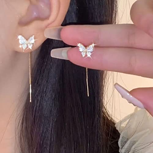 TseenYi Cz Schmetterling Ohrstecker Gold Schmetterling Kette Einfädler Ohrringe Funkelnden Strassstein String Einfädler Ohrringe Lange Ziehen Einfädler Ohrringe Schmuck Für Frauen Und Mädchen von TseenYi