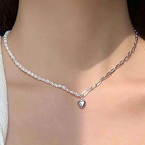 TseenYi Halbe Perle Halbe Kette Halskette Barock Perlenkette Silber Herz Anhänger Halskette Choker Vintage Perlenkette Halskette Büroklammer Gliederkette Halskette Schmuck Für Frauen Und Mädchen von TseenYi