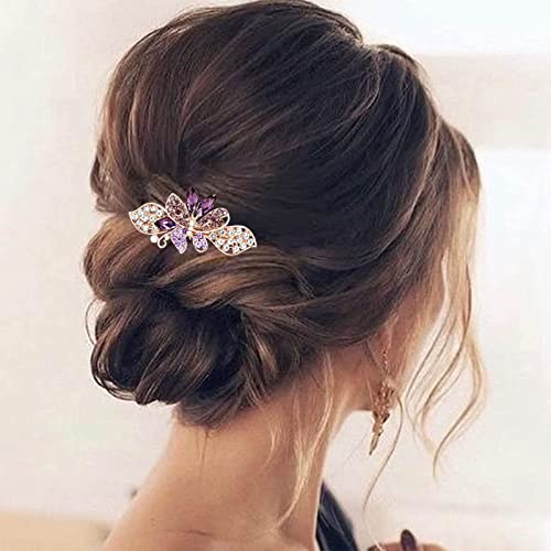 TseenYi Kristall Blume Butterflry Haarspange Gold Strass Edelstein Haarspange Clip Bling Braut Butterflry Französische Haarspange Kristall Hochzeit Kopfbedeckung Frauen und Mädchen (mit lila Kristall) von TseenYi