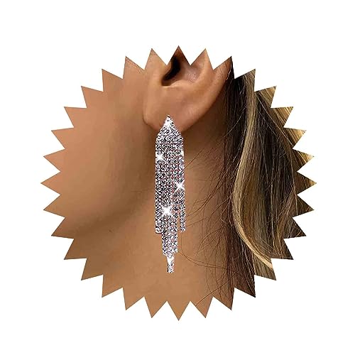 TseenYi Lange Kristall Quaste Ohrringe Boho Strass Fransen Ohrringe Strass Lange Baumeln Tropfen Ohrringe Funkelnden Kristall Braut Ohrringe Schmuck Für Frauen Und Mädchen (Silber) von TseenYi