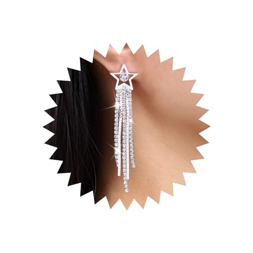 TseenYi Lange Kristall Quaste Ohrringe Silber Hohlen Stern Tropfen Ohrringe Lange Strass Fransen Baumeln Ohrringe Vintage Stern Ohrstecker Funkelnde Cz Braut Hochzeit Ohrring Schmuck Für Frauen von TseenYi