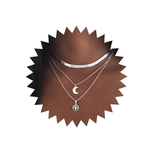 TseenYi Mehrlagige Silberkette mit Baum des Lebens Mond Anhänger Schlangenknochen Kette Boho Stil Halsketten Schmuck für Frauen und Mädchen von TseenYi