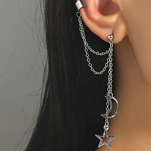 TseenYi Mond Stern Manschette Kette Ohrringe Lange Kette Quaste Ohrmanschette Mond Stern Tropfen Kette Ohrringe Lang Baumelnden Ohrringe Schmuck Für Frauen Und Mädchen Geschenke (Silber) von TseenYi