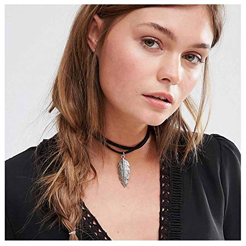 TseenYi Schwarze Wildleder-Choker-Halskette, kurze Schicht-Lederkette, Halsketten, Blatt-Anhänger, Schlüsselbein-Halskette, Schmuck für Frauen und Mädchen von TseenYi