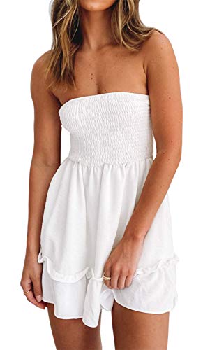 Tube Top Kleid für Frauen Sommer Solide trägerlose Minikleider Schulterfrei Rüschen Strandkleid - Weiß - X-Klein von Tsher