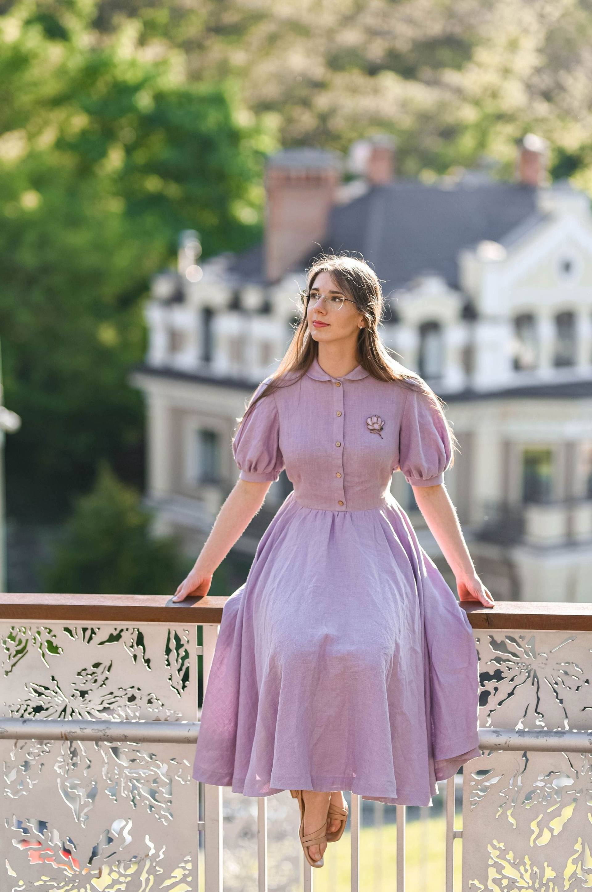 Lila Leinen Frauen Kleid, Vintage Stil Vollkreis Puffärmel Sommerkleid, Peter Pan Kragen, Brautjungfer Kleid von TsiomikKids