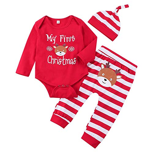 Ttkgyoe Mein erster Weihnachtsbaby-Mädchen-roter Strampler mit Streifenhose und Hut 3-teiliges Neugeborenen-Outfit-Set,Rot-6,12-18 Monate (Etikette 100) von Wexuua