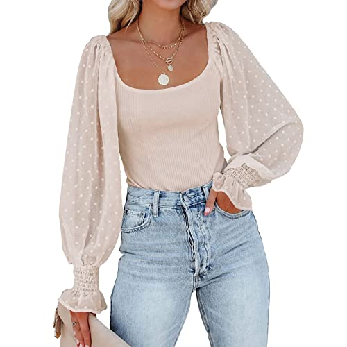 Tunlaud Damen-Body mit quadratischem Ausschnitt, Puff, langärmelig, schulterfrei, Gymnastikanzug, durchsichtig, gepunktet, Ärmel, Beige, Small Tunlaud Damen-Body mit quadratischem Ausschnitt, Puff, langärmelig, schulterfrei, Gymnastikanzug, durchsichtig, gepunktet, Ärmel, Beige, Small von Tunlaud