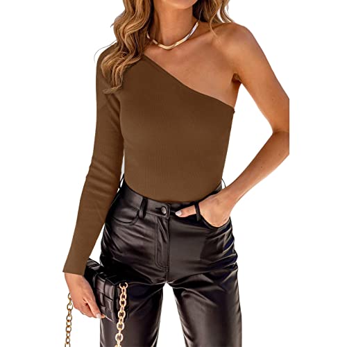 Tunlaud Damen Sexy One Shoulder Langarm Body Leotard Rippstrick Solid Skinny Stretch Jumpsuits Tops, Kaffee, S von Tunlaud