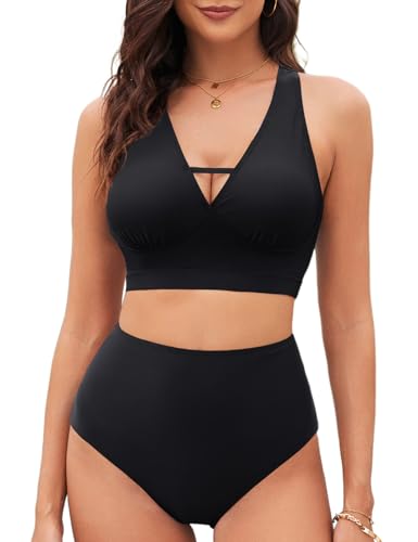 Tuopuda Damen Bikini Set Bauchweg, Zweiteiliger Badeanzug High Waist Push Up, Bikini Oberteil V-Ausschnitt Zweiteiler Bademode Badebekleidung, Schwarz, M von Tuopuda