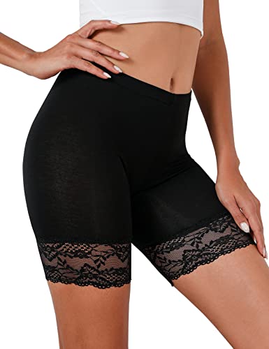 Tuopuda Damen Unterhose Unter Rock Kurz Hose Spitze Slips Anti-Chafing Shorts 1/3er Pack Boxershorts Miederhose Unterkleid Taillenslip Weichem Panties Leggings mit Spitzenbesatz, schwarz, M von Tuopuda