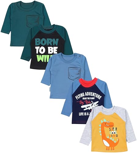 TupTam Baby Jungen Langarmshirt Gestreift 5er Set, Farbe: Flugzeug Dunkelblau WILD Schwarz Dino Senfgelb Jeansblau Petrolgrün, Größe: 104 von TupTam