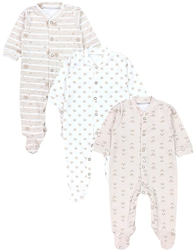 TupTam Baby Jungen Schlafstrampler Langarm Strampler Schlafanzug mit Fuß 3er Pack, Farbe: Fuchs Beige Streifen Sterne, Größe: 50 von TupTam