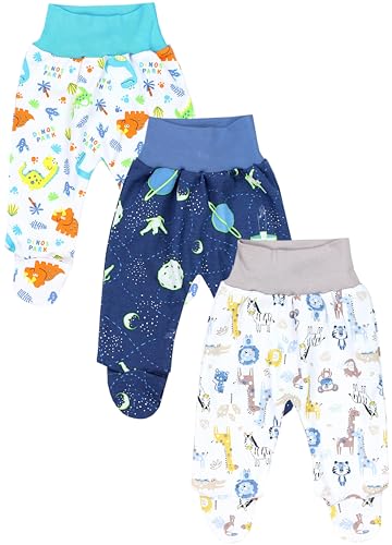 TupTam Baby Jungen Strampelhose mit Fuß 3er Pack, Farbe: Kosmos/Dunkelblau/Dino/Gelb/Blau/Zoo/Bunt, Größe: 56 von TupTam