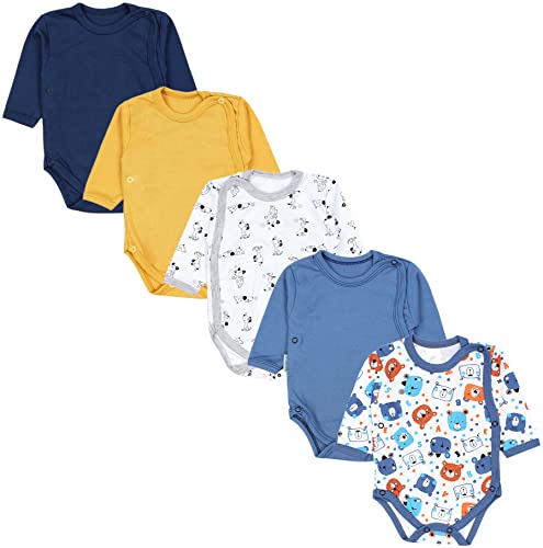 TupTam Baby Langarm Wickelbody Mädchen Body Jungen im 5er Set, Farbe: Bärchen Hundchen Jeansblau Senfgelb Dunkelblau, Größe: 56 von TupTam