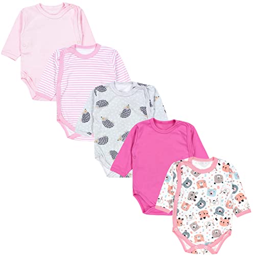 TupTam Baby Langarm Wickelbody Mädchen Body Jungen im 5er Set, Farbe: Streifen Rosa Igel Grau Bärchen Koralle, Größe: 56 von TupTam