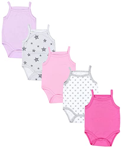 TupTam Baby Mädchen Body Ärmellos Sommer Babybody mit Spaghettiträger 5er Pack, Farbe: Rosa Lila Pink Grau Sterne, Größe: 68 von TupTam