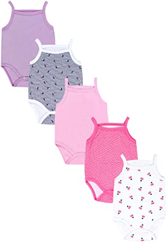 TupTam Baby Mädchen Body Ärmellos Sommer Babybody mit Spaghettiträger 5er Pack, Farbe: Streifen Dunkelblau Blumen Punkte Rosa Lila Kirschen, Größe: 80 von TupTam