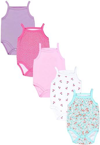 TupTam Baby Mädchen Body Ärmellos Sommer Babybody mit Spaghettiträger 5er Pack, Farbe: Gänseblümchen Punkte Rosa Lila Kirschen, Größe: 104 von TupTam