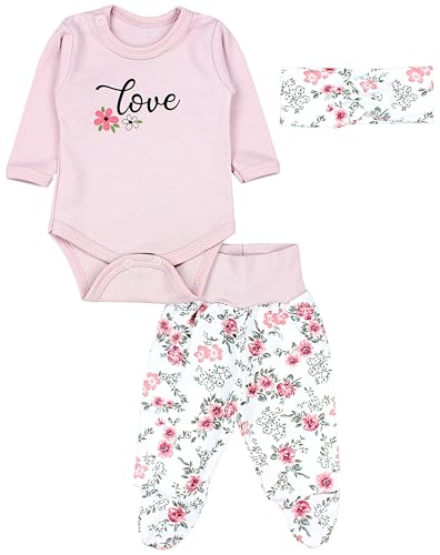 TupTam Baby Mädchen Jungen Bekleidungsset Langarmbody Hose Mütze mit Aufdruck Spruch 3 teilig, Farbe: Puderrosa/Blumen, Größe: 50 von TupTam