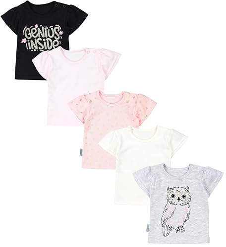 TupTam Baby Mädchen Kurzarm T-Shirt Gemustert Bunt 5er Set, Farbe: Genius Schwarz Eule Grau Meliert Herzen Apricot Rosa Ecru, Größe: 56 von TupTam