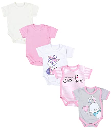 TupTam Baby Mädchen Kurzarm Wickelbody Baumwolle 5er Set, Farbe: Streifen Giraffe Kaninchen Rosa Weiß Grau, Größe: 56 von TupTam