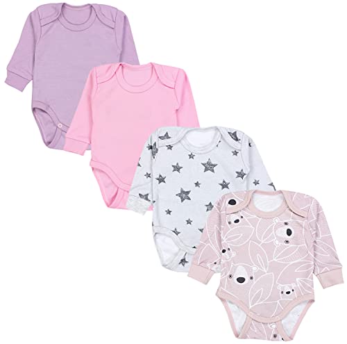 TupTam Baby Mädchen Langarmbody Mitwachsbody Babybody mit Druck 4er Pack, Farbe: Sterne Grau Bärchen Rosa Lila, Größe: 62/68 von TupTam