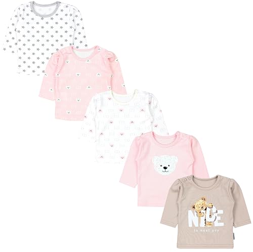 TupTam Baby Mädchen Langarmshirt Gestreift 5er Set, Farbe: Bärchen Rosa Weiß Sterne Grau Nice Teddy Beige, Größe: 68 von TupTam