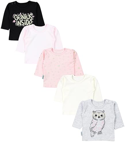 TupTam Baby Mädchen Langarmshirt Gestreift 5er Set, Farbe: Genius Schwarz Eule Grau Meliert Herzen Apricot Rosa Ecru, Größe: 86 von TupTam