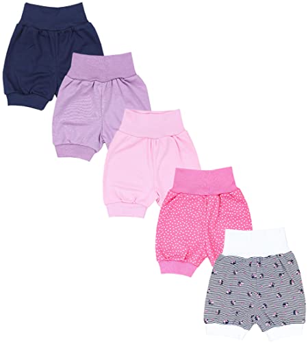 TupTam Baby Mädchen Pumphose Sommershorts 5er Set, Farbe: Dunkelblau Lila Rosa Streifen Blumen Punkte, Größe: 62/68 von TupTam