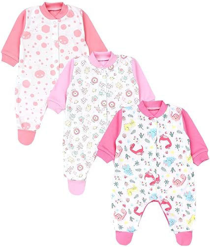 TupTam Baby Mädchen Schlafstrampler mit Fuß 3er Pack, Farbe: Dino/Zoo/Tupfen/Rosa, Größe: 56 von TupTam