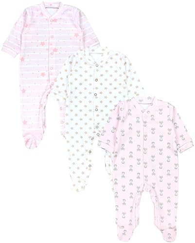 TupTam Baby Mädchen Schlafstrampler mit Fuß 3er Pack, Farbe: Fuchs Rosa Streifen Sterne Beige, Größe: 56 von TupTam